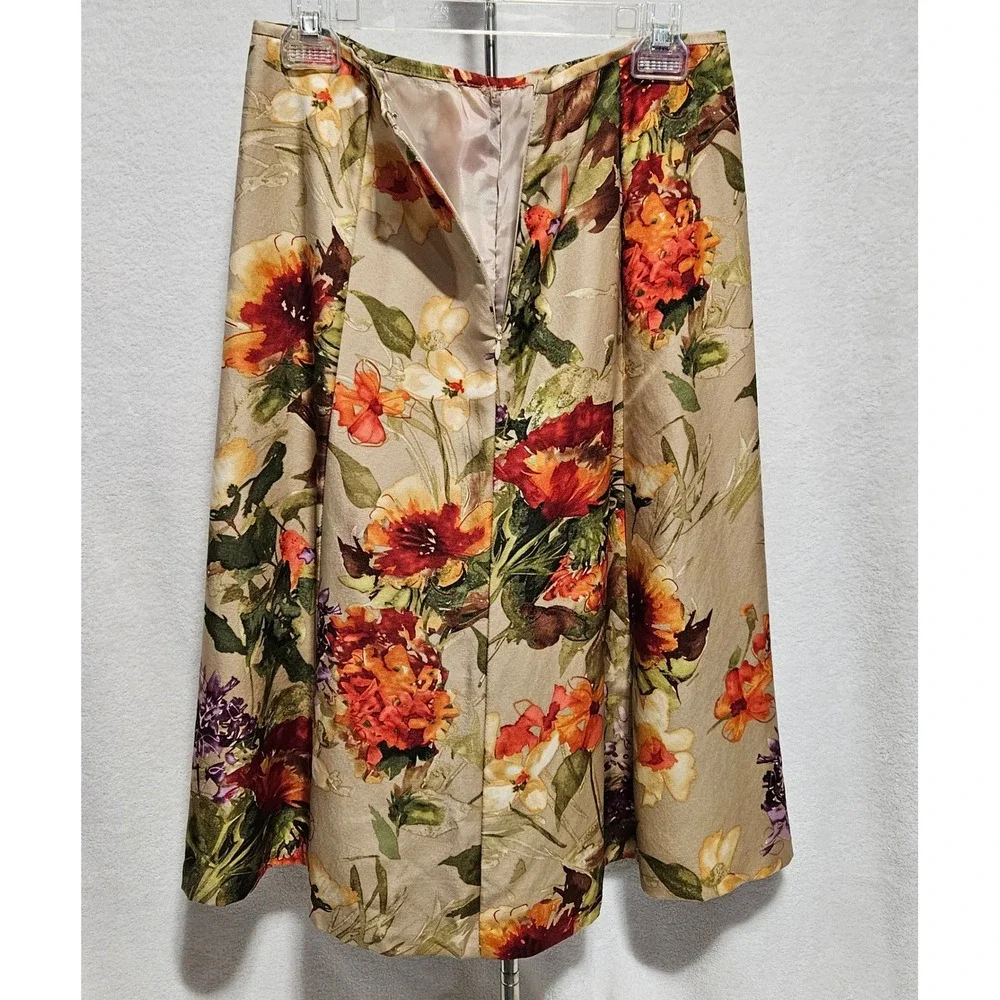 Talbots Petites Silk Wool Floral Midi Skirt Tan Orange Purple Sz. 8P Made in USA